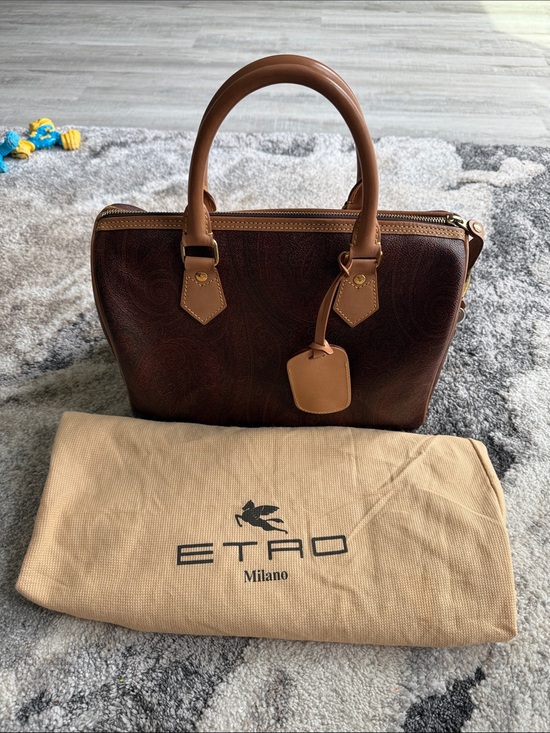 Etro Handbags - Etro Dark Brown Leather Satchel with Tan Handles